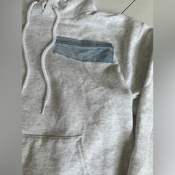 Unemployed Denim Gray Cropped Hooded Sweatshirt w/ Denim Patches - Picture 3 of 6